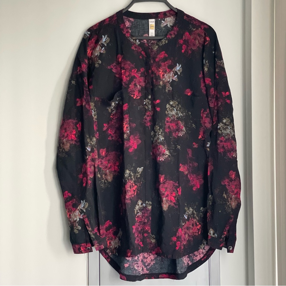 LOLE Black and Pink Flower Patterned Long Sleeve Button Down Blouse